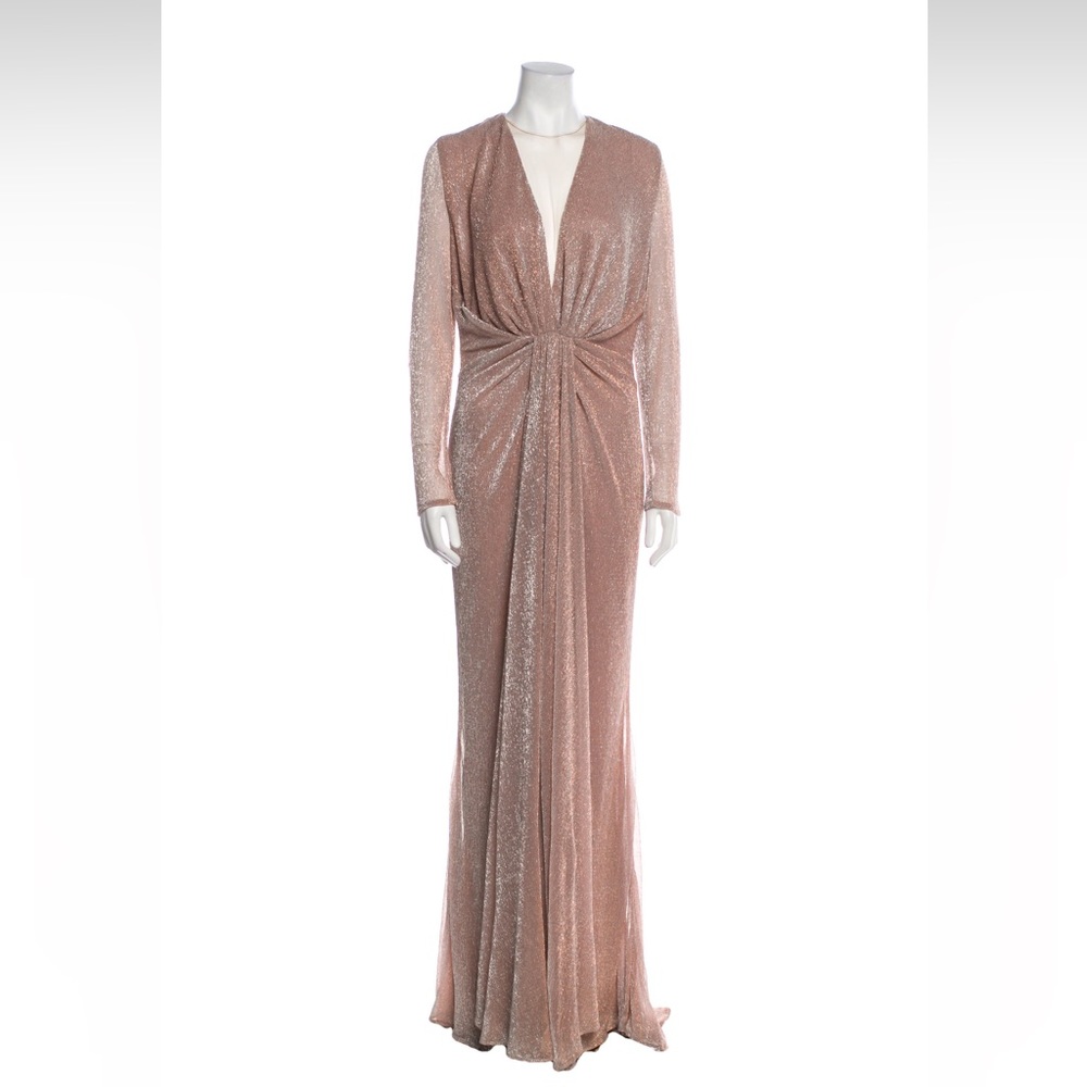 NEW Talbot Runhof Nominee Deep V Long Sleeve Metallic Lurex Gown - Picture 3 of 5